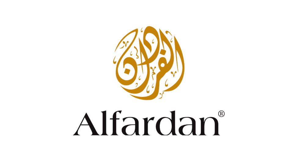 Alfardan logo featuring gold Arabic calligraphy above the word 'Alfardan' in black