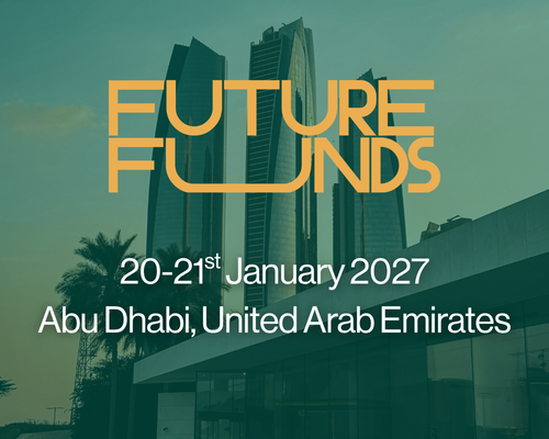 Event poster for 'Future Funds' on January 28, 2026, in Abu Dhabi, UAE, featuring a modern cityscape at sunset with tall skyscrapers and palm trees.