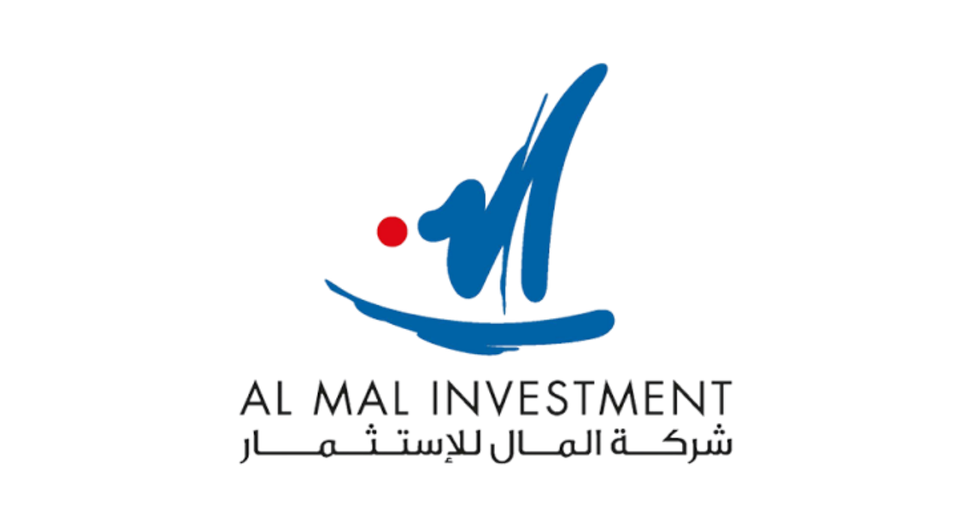 Logo of Al Mal Investment featuring a stylized sailboat with blue sails and a red dot representing the sun, with company name in English and Arabic underneath.