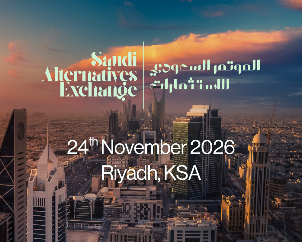 Nighttime view of Riyadh, Saudi Arabia, with a tall skyscraper featuring a red frame at the top. Overlaid text announces the Saudi Alternatives Exchange event on November 25, 2026.