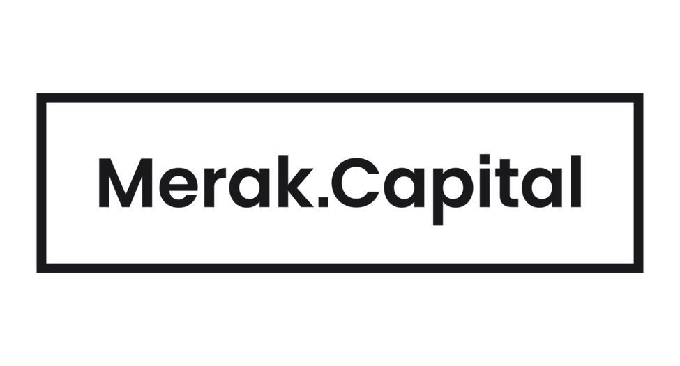 Black rectangular logo with thin gray border displaying the text 'Merak.Capital' in gray.