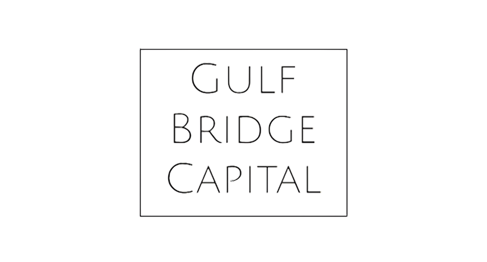 Neon sign displaying the words 'Gulf Bridge Capital' inside a square border.