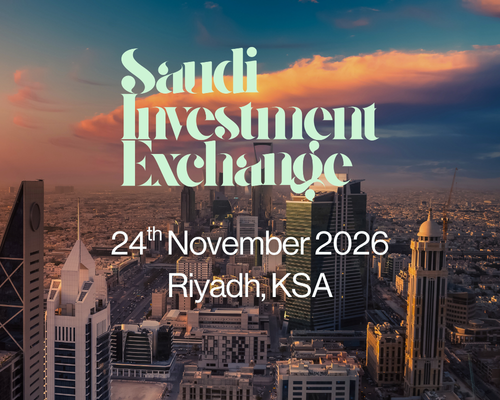 Nighttime view of Riyadh, Saudi Arabia, with a tall skyscraper featuring a red frame at the top. Overlaid text announces the Saudi Alternatives Exchange event on November 25, 2026.