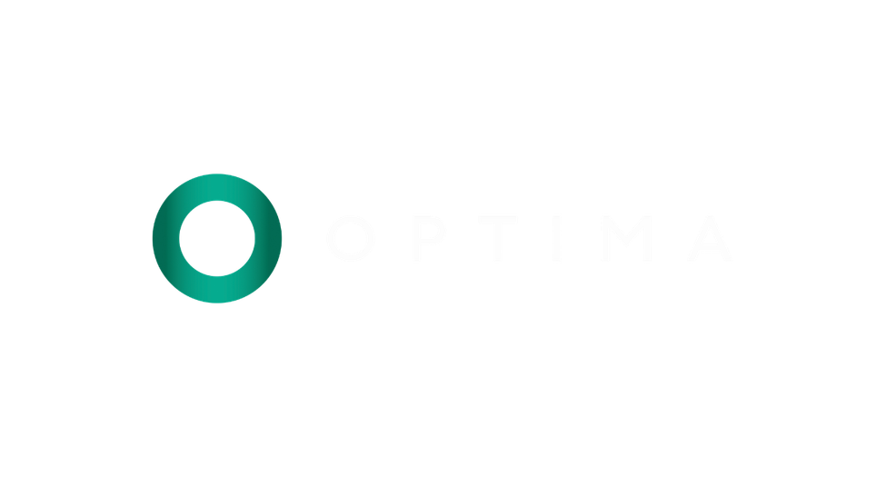 Logo with a teal circular emblem and the word 'OPTIMA' in black and white text.