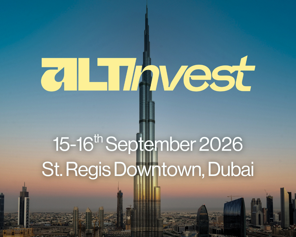 Event poster for ALTInvest on September 16th, 2026, in Dubai, UAE, featuring the Burj Khalifa skyscraper against a sunset sky.