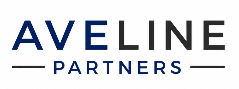A logo for Aveline Partners with the company name in bold blue letters, with horizontal lines on either side of the word 'Partners'.