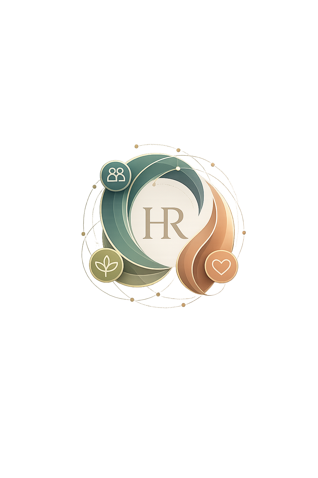 A digital graphic featuring a circular emblem with the letters 'HR' in the center. Surrounding the emblem are icons representing people, nature, and love, with abstract design elements and a gradient color scheme of greens, browns, and neutrals.