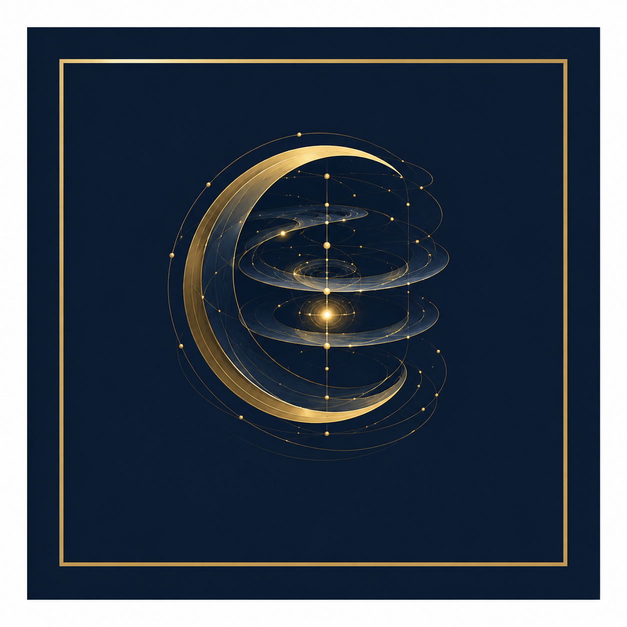 A digital artwork featuring a gold crescent moon integrated with geometric and light patterns on a dark blue background, framed with a thin gold border.