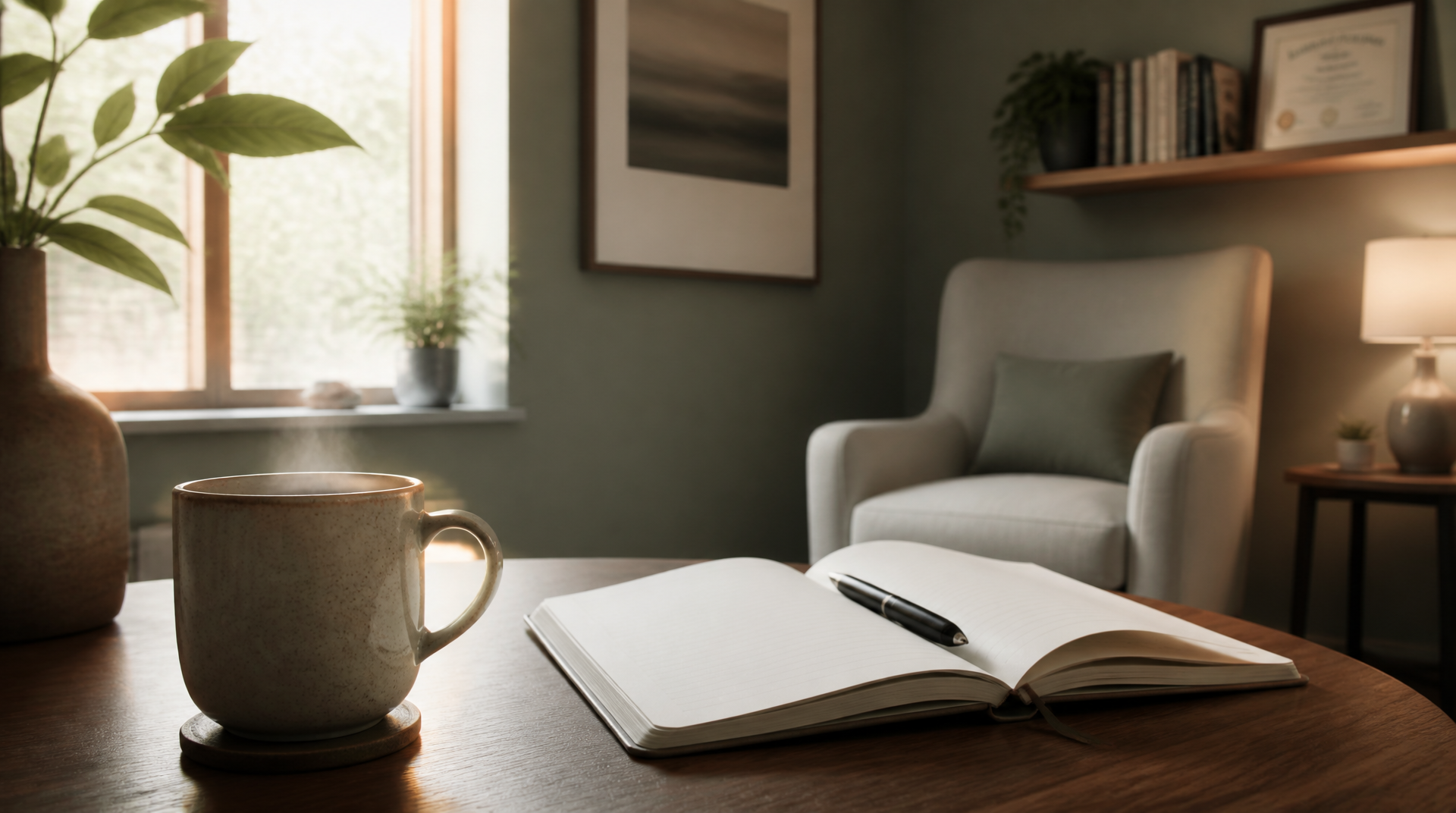 A cozy home office with a wooden desk, an open notebook, a black pen, a steaming coffee mug, and a large vase with green leaves. In the background, there's a beige armchair with a green pillow, a wall shelf with books, a framed picture, and a table lamp near a window with soft daylight.