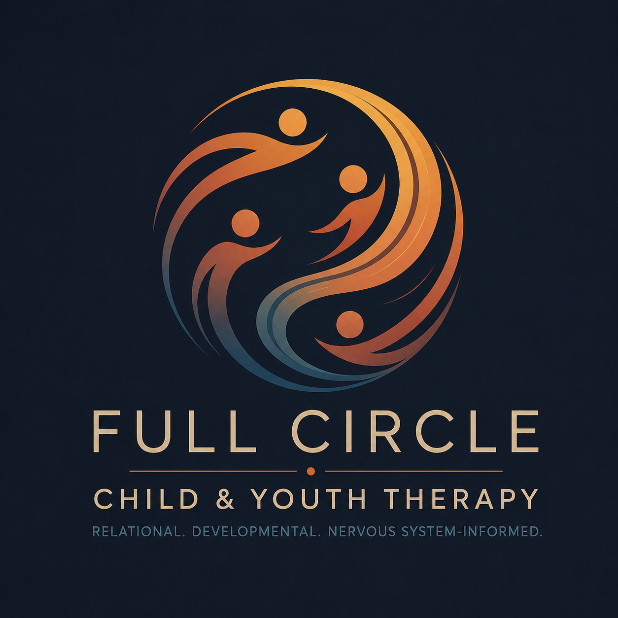 Logo for Full Circle Child & Youth Therapy featuring a circular design with four stylized human figures and swirling lines, with text below reading 'FULL CIRCLE CHILD & YOUTH THERAPY' and a tagline 'RELATIONAL. DEVELOPMENTAL. NERVOUS SYSTEM-INFORMED.'