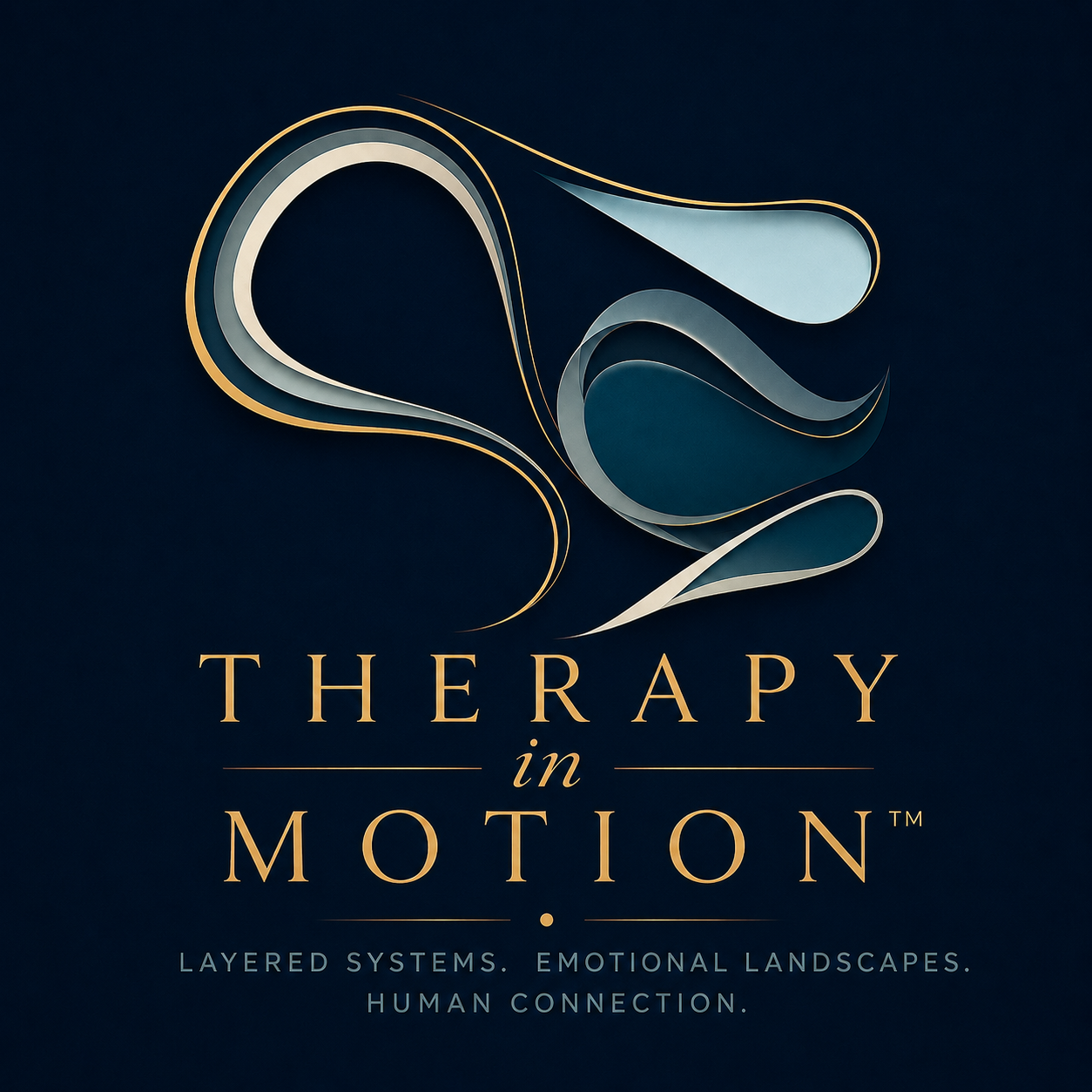 Logo for Therapy in Motion featuring layered abstract shapes and text that reads 'Layered systems, emotional landscapes, human connection'.
