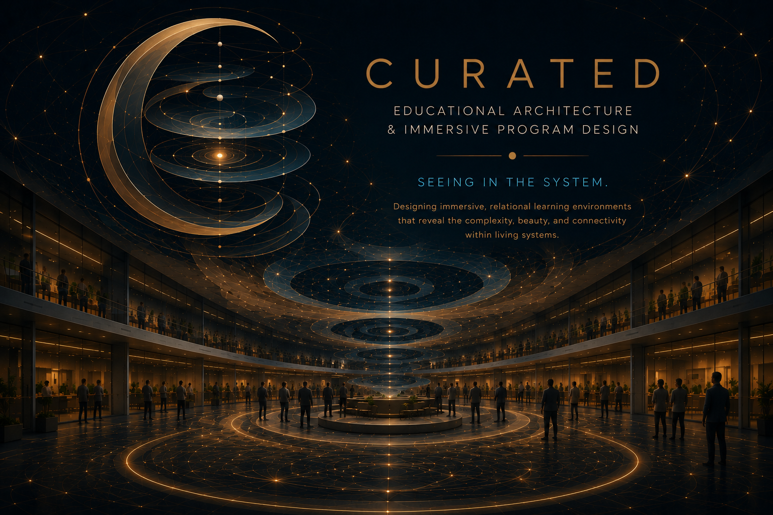 A futuristic, illuminated interior space with multiple levels of glass-walled rooms and people standing inside and outside. The ceiling features glowing, geometric, circular patterns and a large crescent moon design. Text overlays promote a program called 'Curated,' focused on educational architecture and immersive program design.