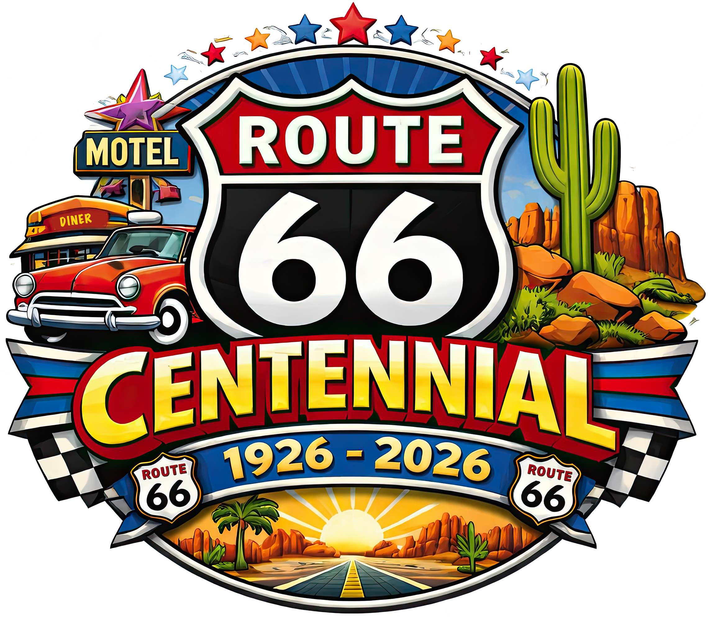 A colorful graphic celebrating the 100th anniversary of Route 66, with the text 'Route 66 Centennial 1926-2026'. The design includes a vintage car, motel, diner, desert landscape with cacti, mountains, sunset, and checkered flag patterns.