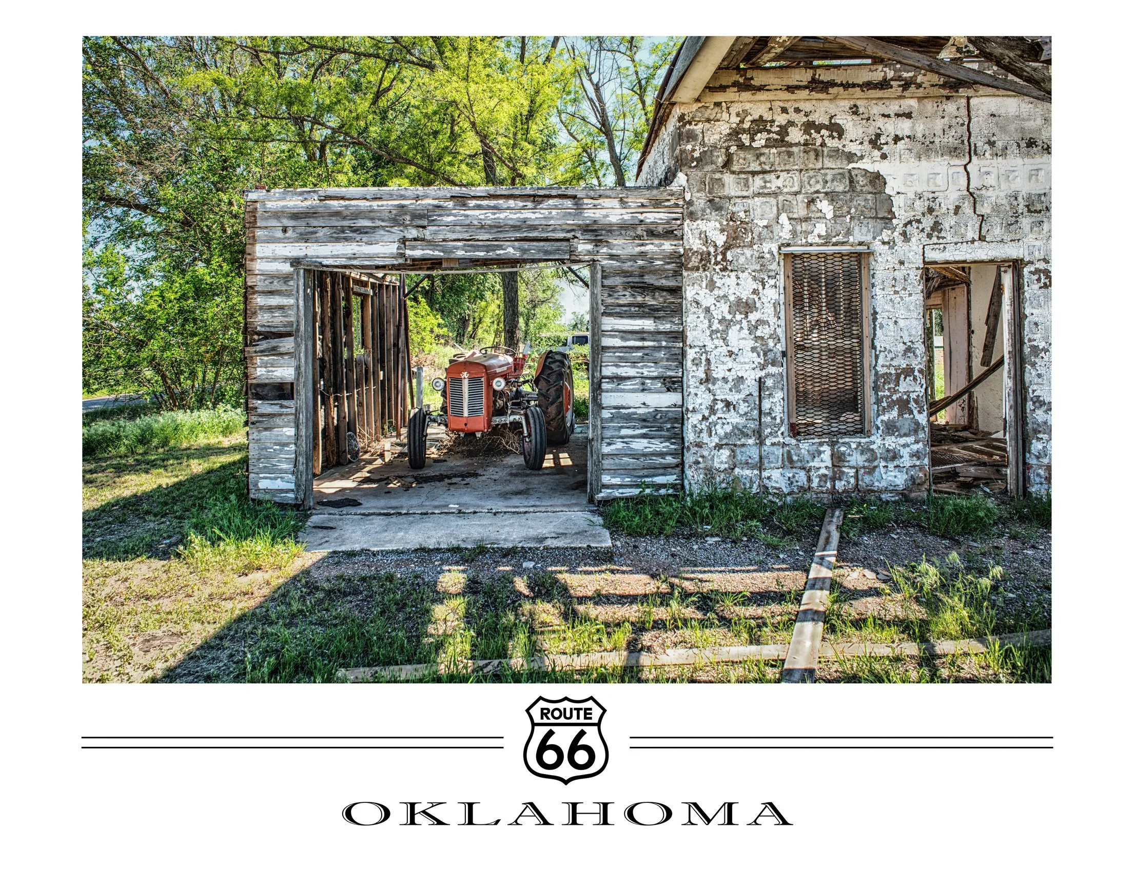 Old, weathered barn with a tractor inside and two doors open, surrounded by trees and grass, with a Route 66 Oklahoma sign and text at the bottom.