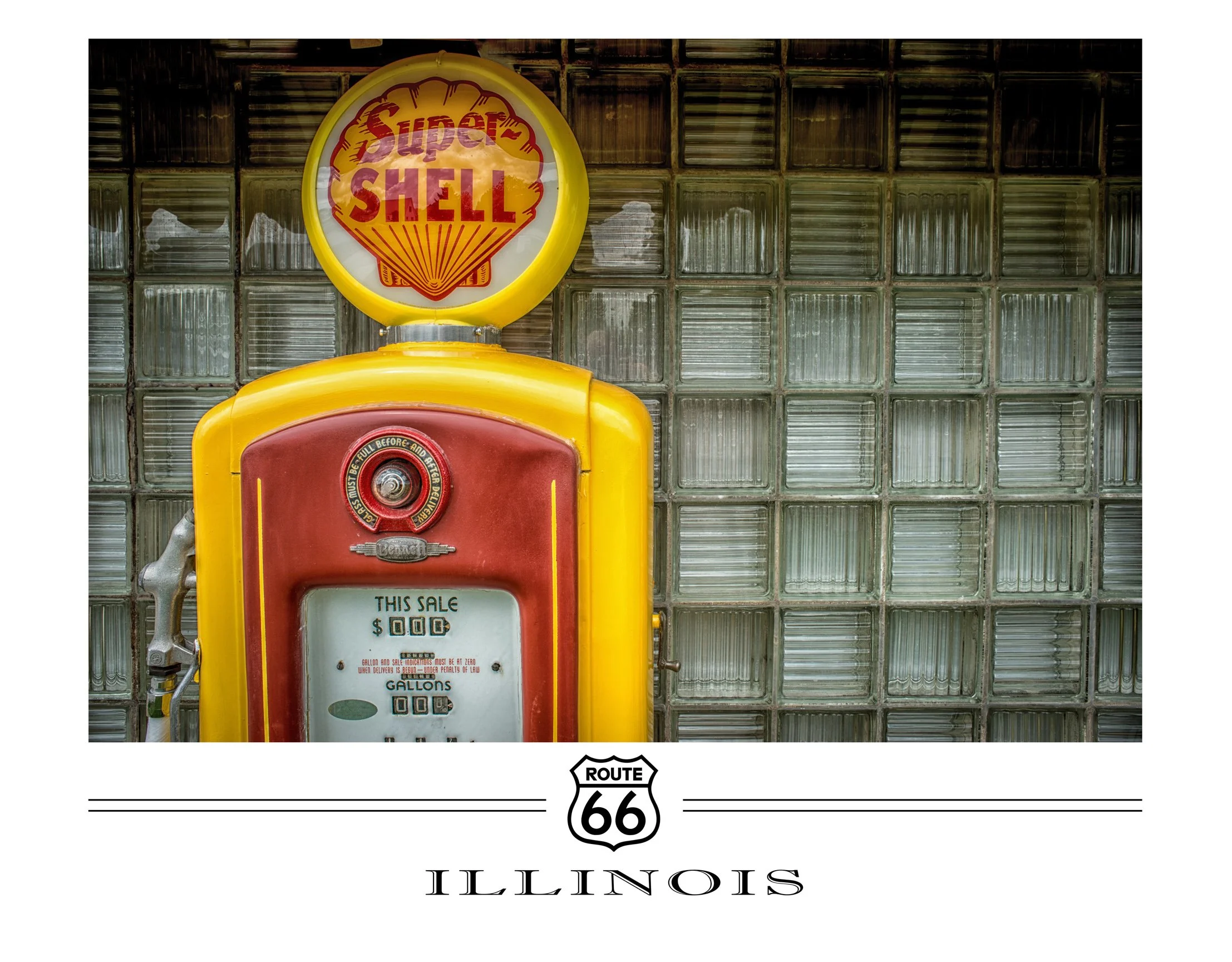 Vintage gas pump with a yellow and red color scheme, displaying a Route 66 sign from Illinois, against a glass block wall background.