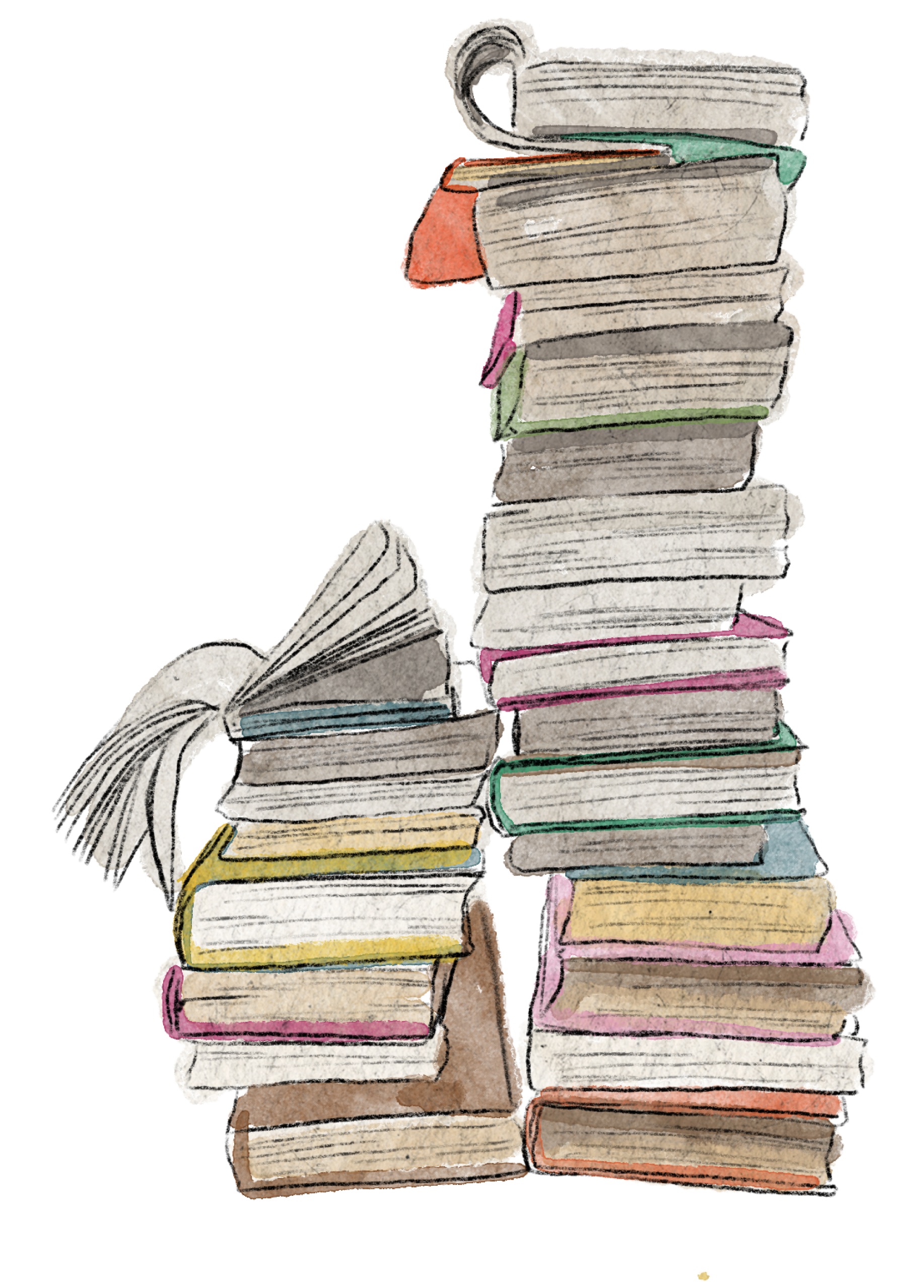 Illustration of a large stack of various colorful books with one open book at the bottom and a few books sitting on top of the stack.