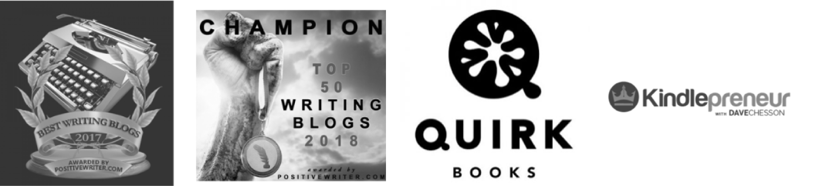 Three logos of writing and publishing companies. The first logo for "Best Writing Blogs" includes a typewriter with laurel leaves around it, awarded in 2017. The second logo for "Top 50 Writing Blogs 2018" features a clenched fist holding a quill. The third logo for "Quirk Books" displays a stylized speech bubble with a floral pattern. The fourth logo for "Kindlepreneur" includes a crown symbol and the name with "DAVECHESSON" beneath.