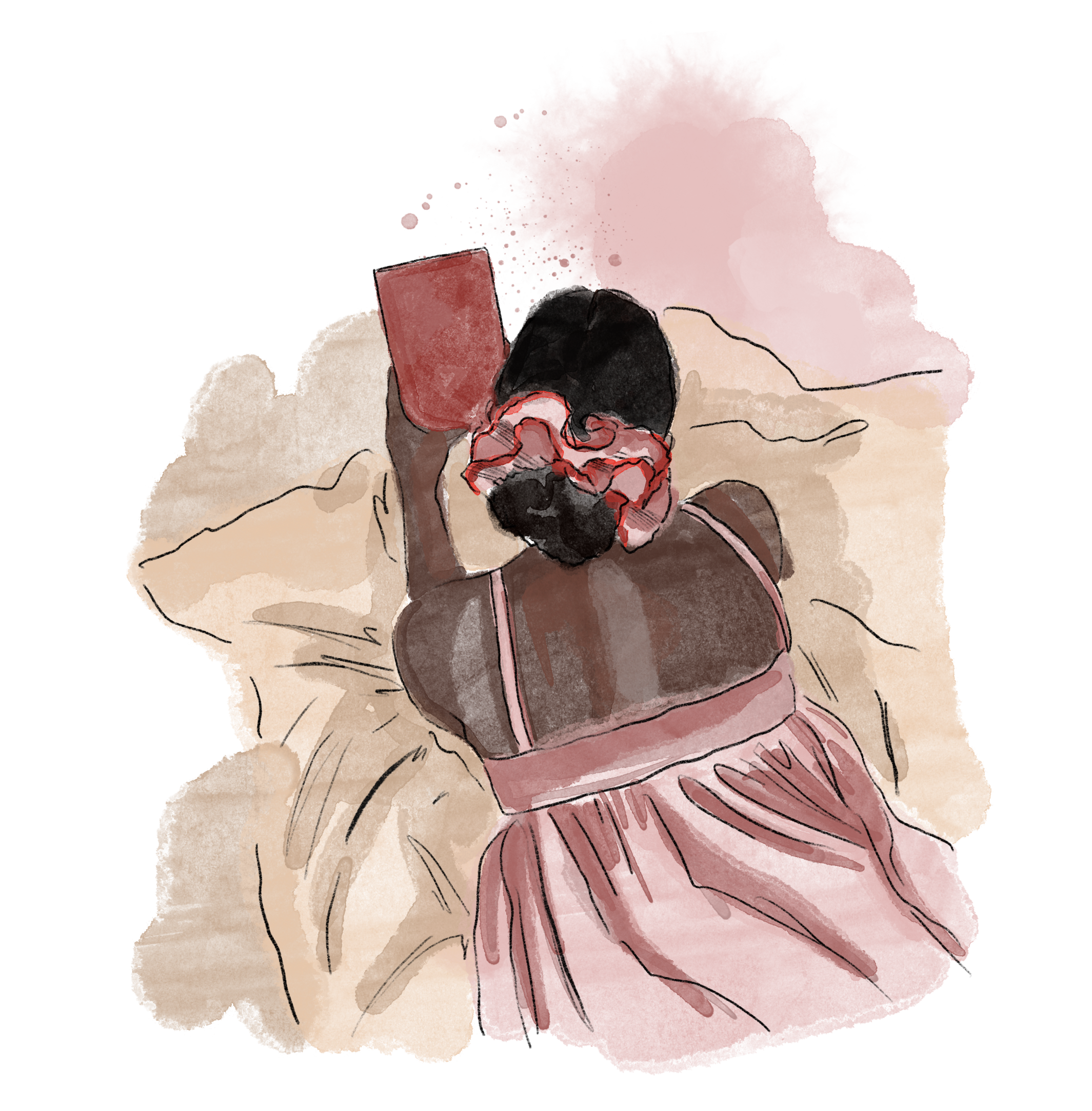 A person lying on a bed with a pink scrunchie on their head, holding a red smartphone. The image has a watercolor art style.
