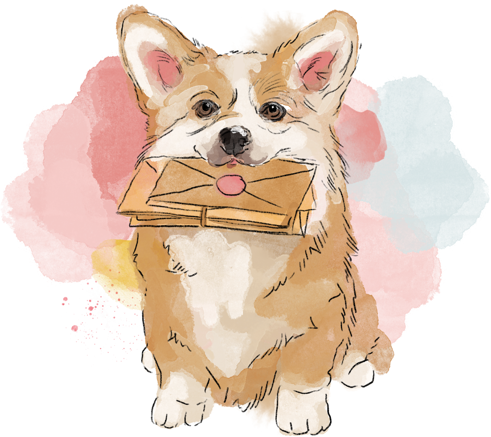 An illustrated corgi with a letter in its mouth, standing against a colorful watercolor background.