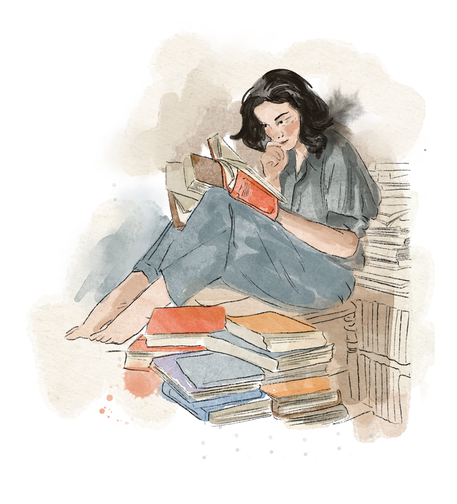 A young woman with dark hair and light skin is sitting on the floor, reading a book. She is surrounded by a large pile of books and papers, and there are more books stacked around her. She is wearing a gray shirt and a skirt, and the background suggests a casual indoor setting.