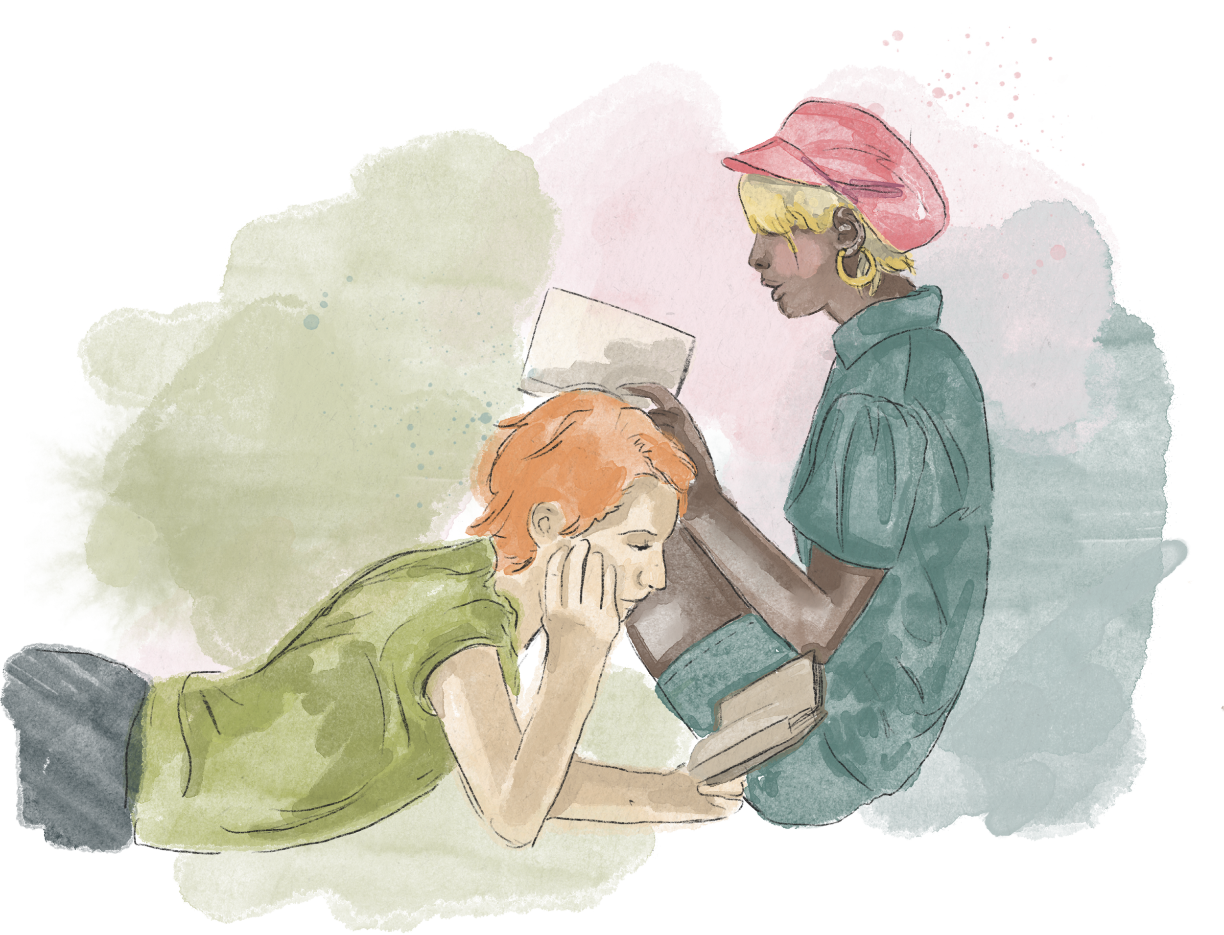 A watercolor illustration of a woman with blonde hair and hoop earrings, wearing a red beret, standing next to a young boy with red hair, who is resting his chin on her hand. The woman is holding a book and appears to be reading or showing it to the boy, with colorful abstract background.