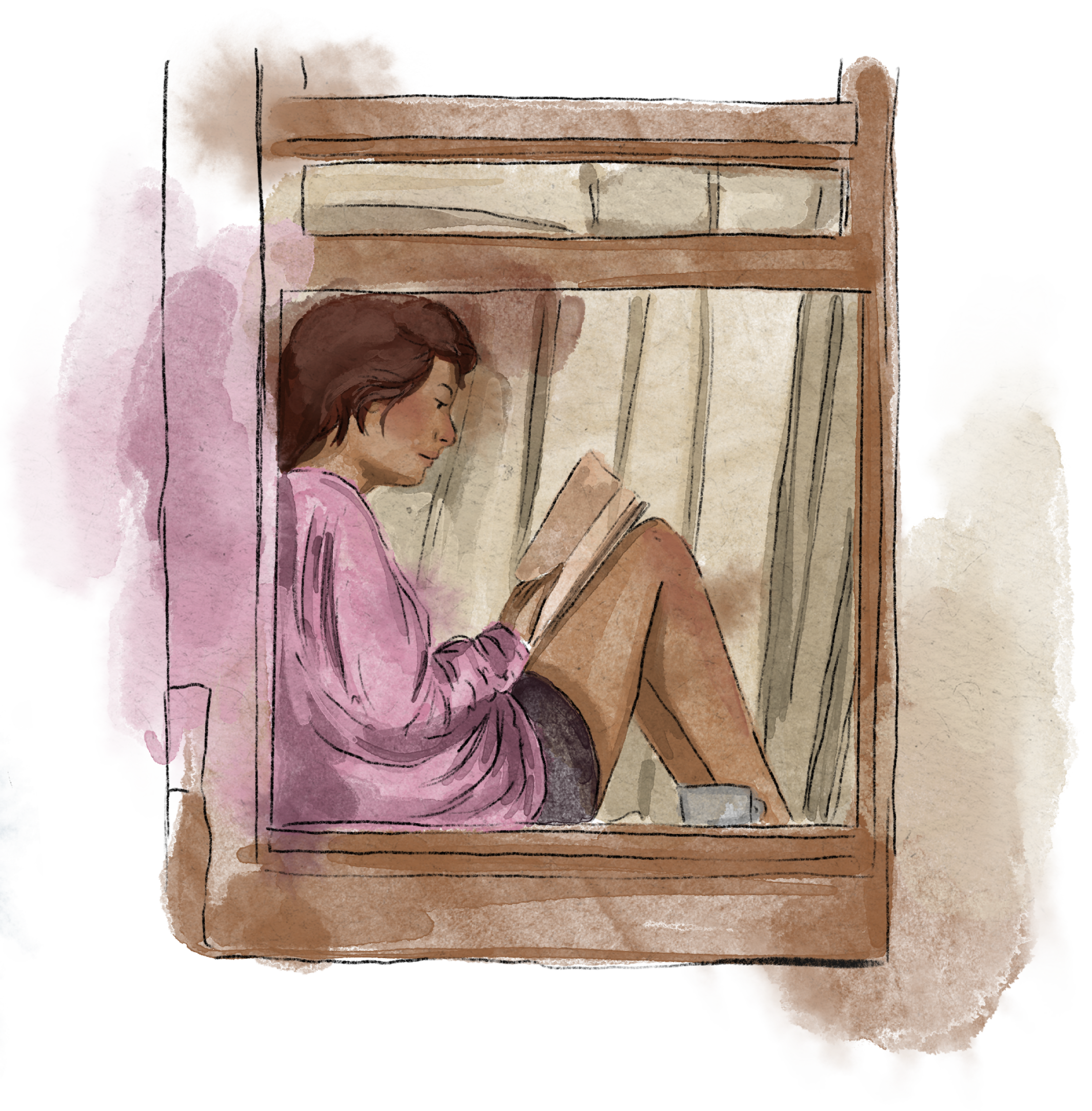 Watercolor illustration of a person sitting in bed, reading a book.