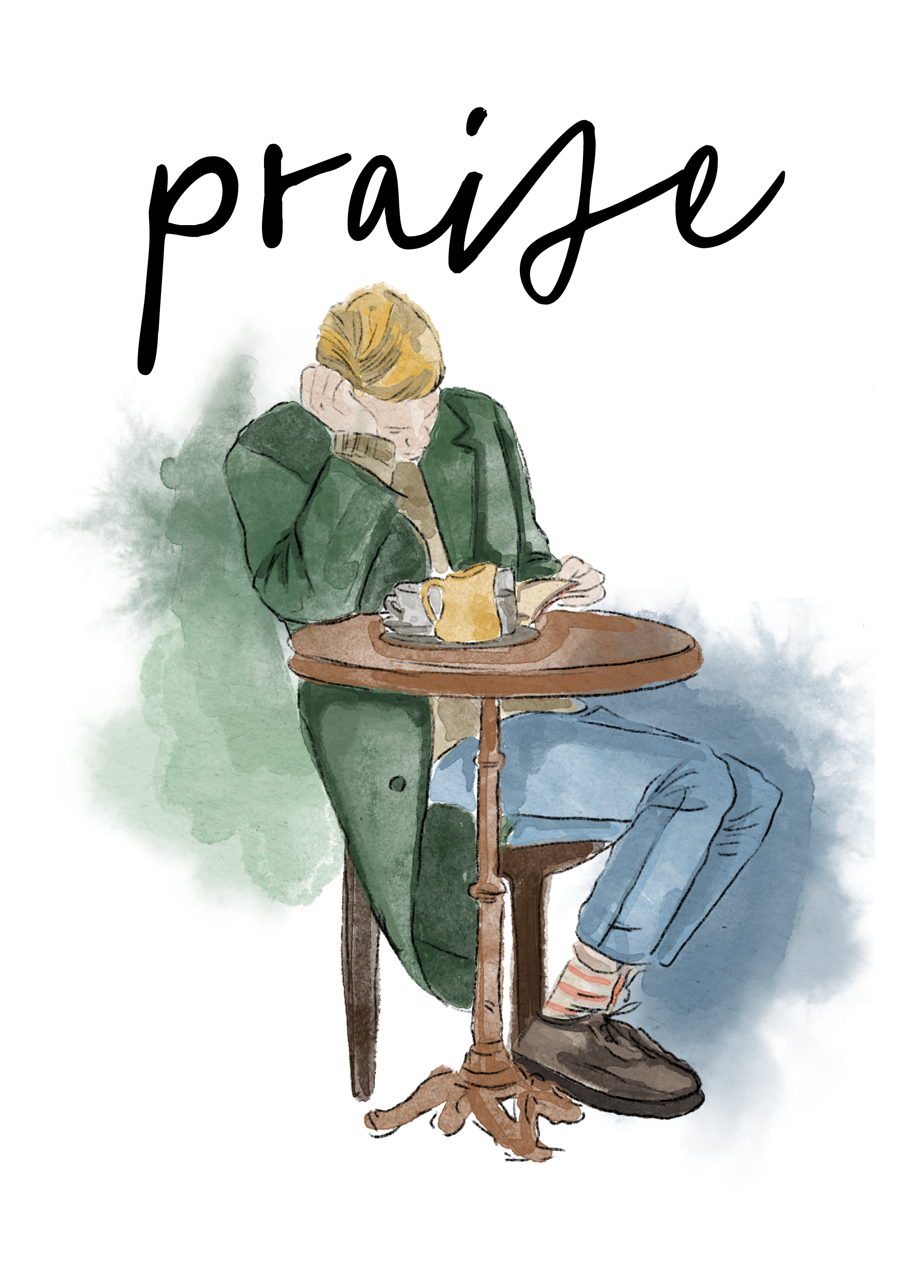 Watercolor illustration of a young man reading at a café table
