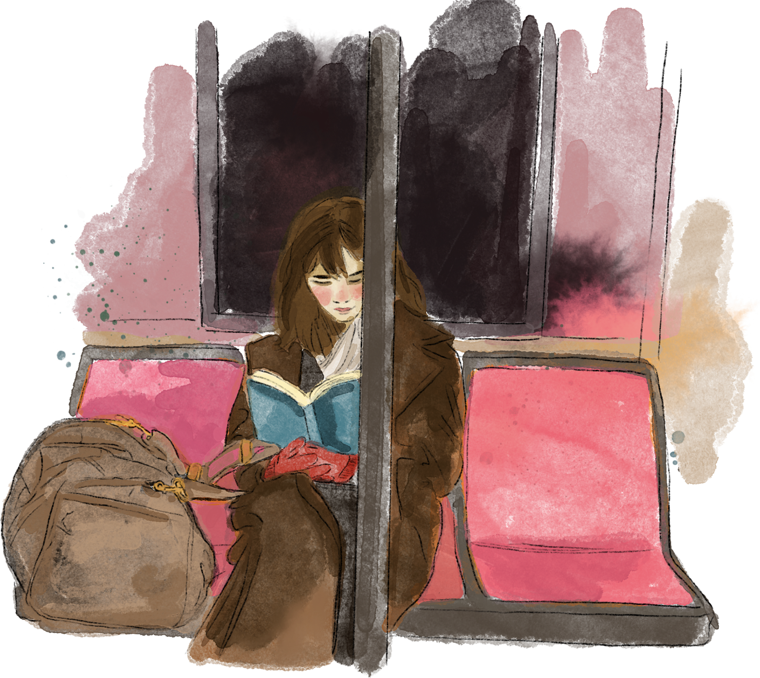 A person with brown hair and glasses reading a book on a subway train, sitting next to a pink backpack with a yellow zipper, with their head slightly tilted downward.