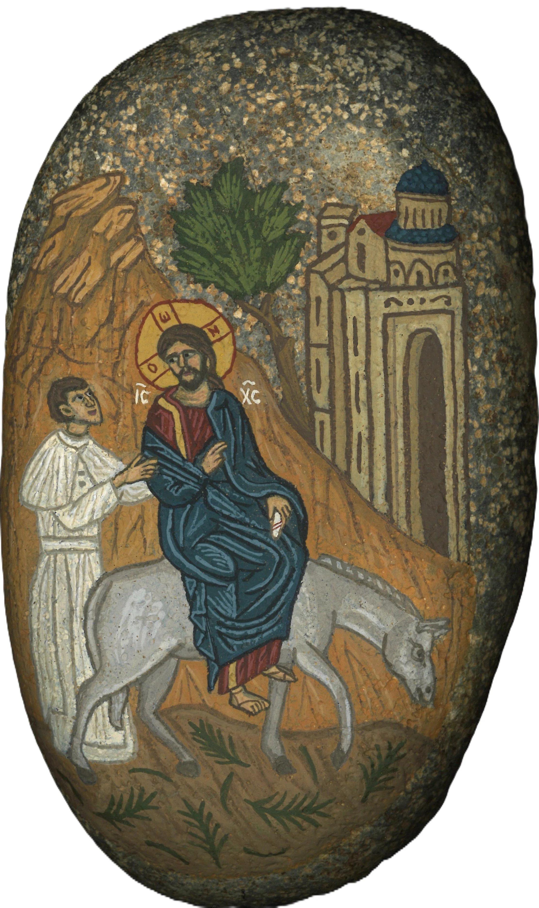 Religious icon depicting Jesus Christ, seated on a donkey, during his triumphal entry into Jerusalem, with a Norbertine at his side.