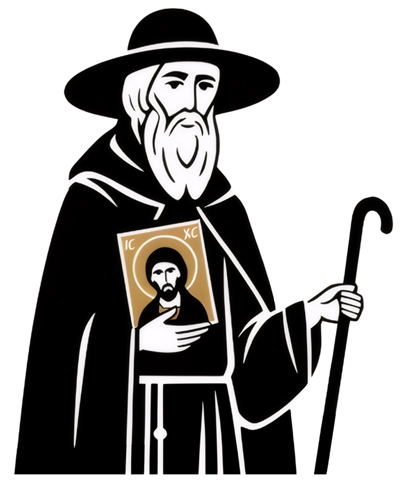 Stylized black and white religious figure resembling a saint or bishop, wearing a wide-brimmed hat, holding a staff, and with an icon of Jesus Christ on chest.