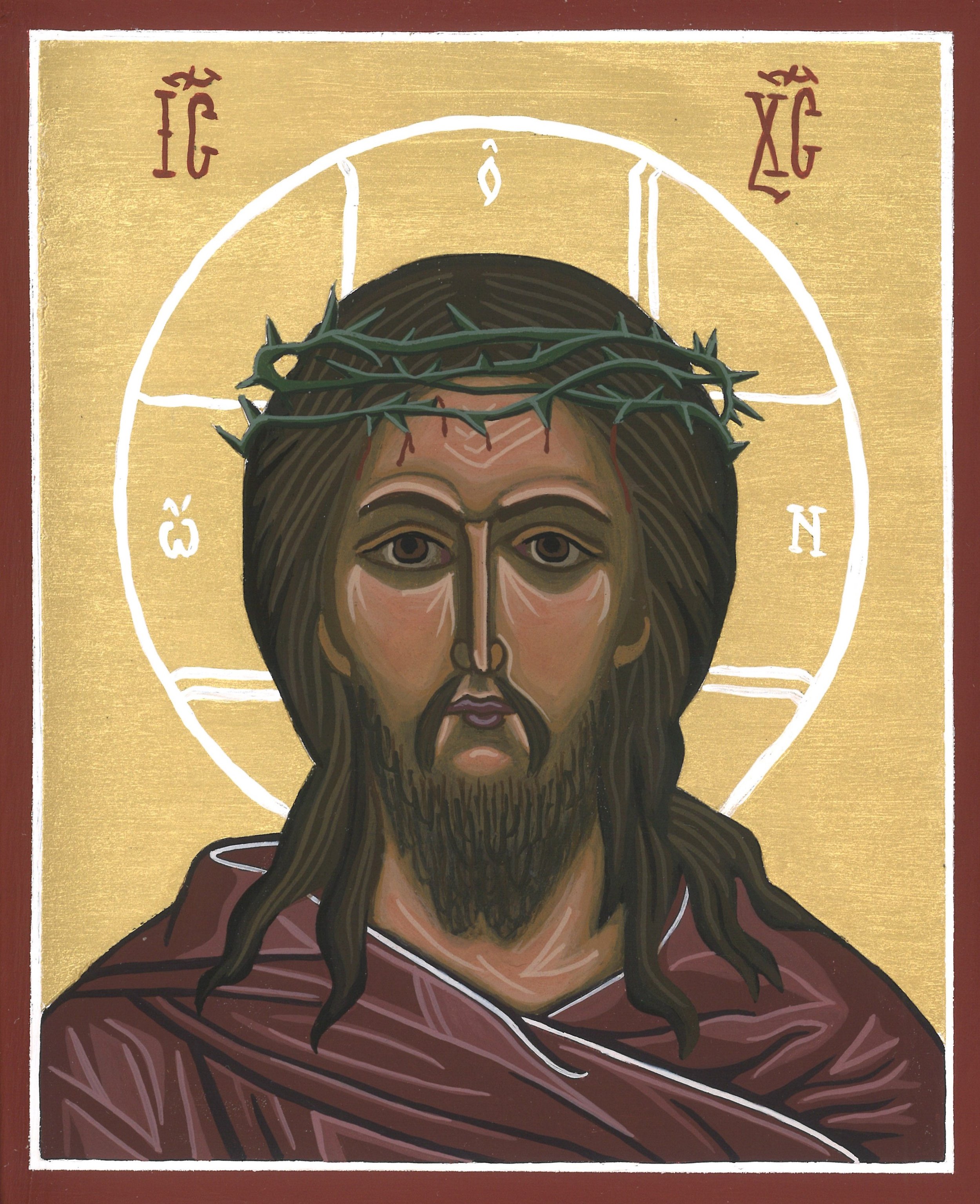 Iconic religious painting of Jesus Christ with a crown of thorns, set against a gold background with white outline of a circle and Latin characters.