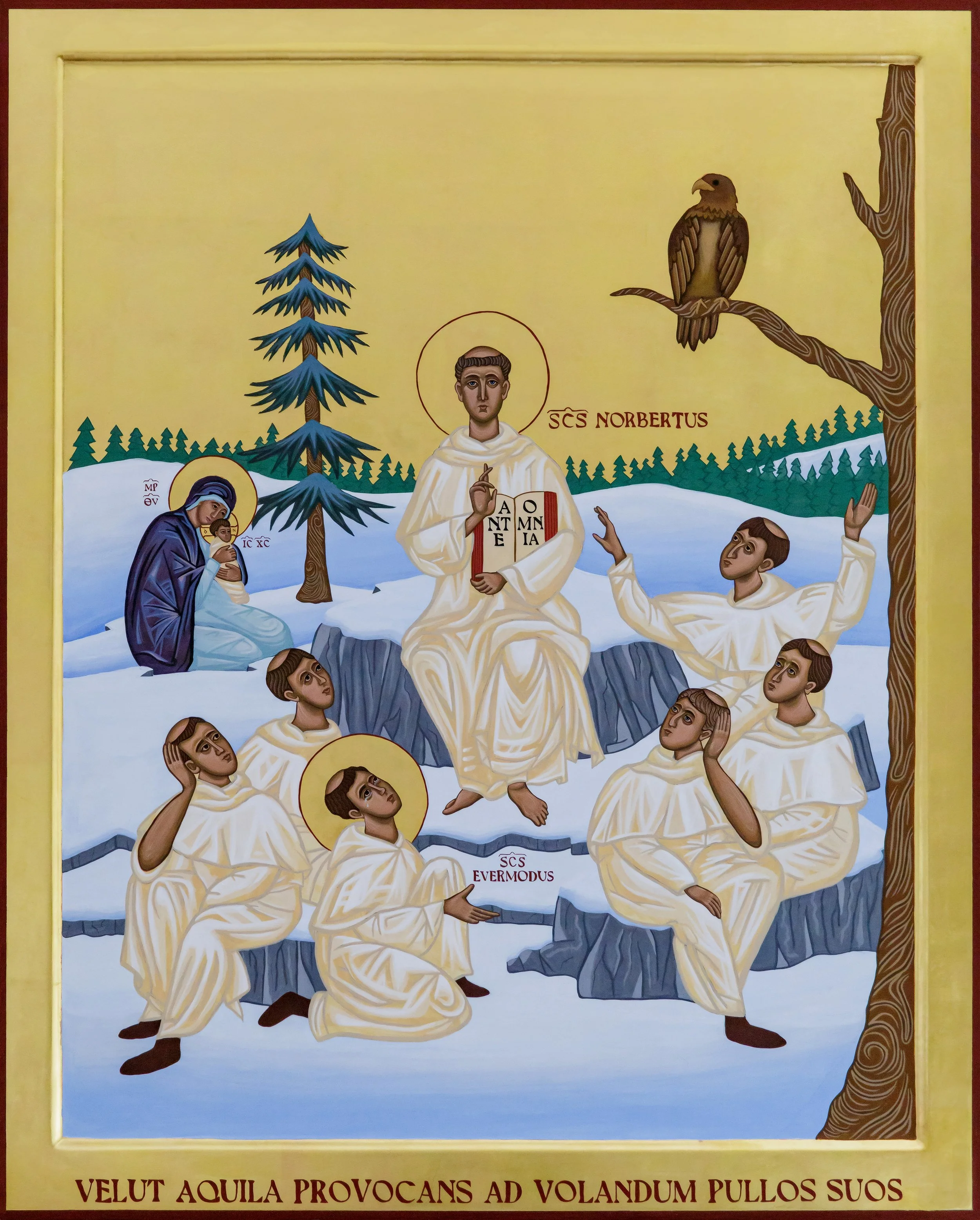 Religious icon depicting Jesus Christ in a snowy outdoor scene surrounded by six men in white robes, with a woman holding a child on the left, and a bird in a tree on the right. Latin inscriptions label Jesus as 'SCS NORBERTUS' and 'SCS EVERMODUS,' with additional Latin phrases at the bottom and near the figures.