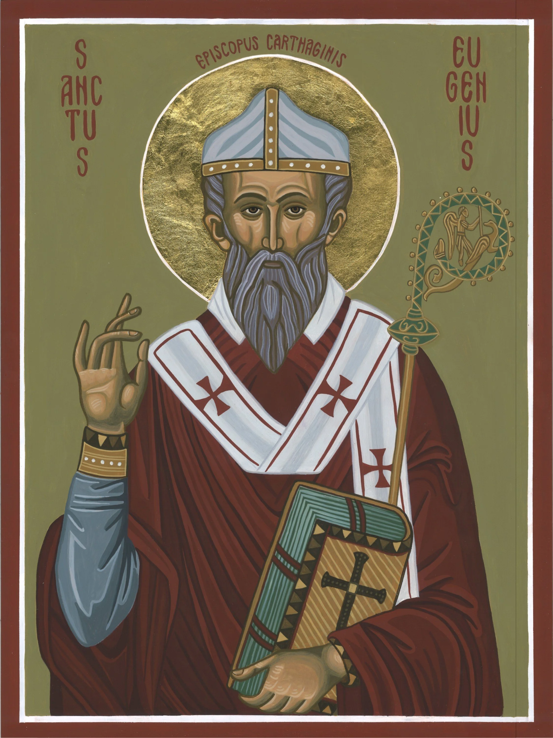 An icon-style religious painting of a bearded saint wearing a mitre and holding a book with a cross on it, with a halo around his head. The saint is dressed in robes with crosses and holds a staff with a circular top depicting a smaller figure and symbols.