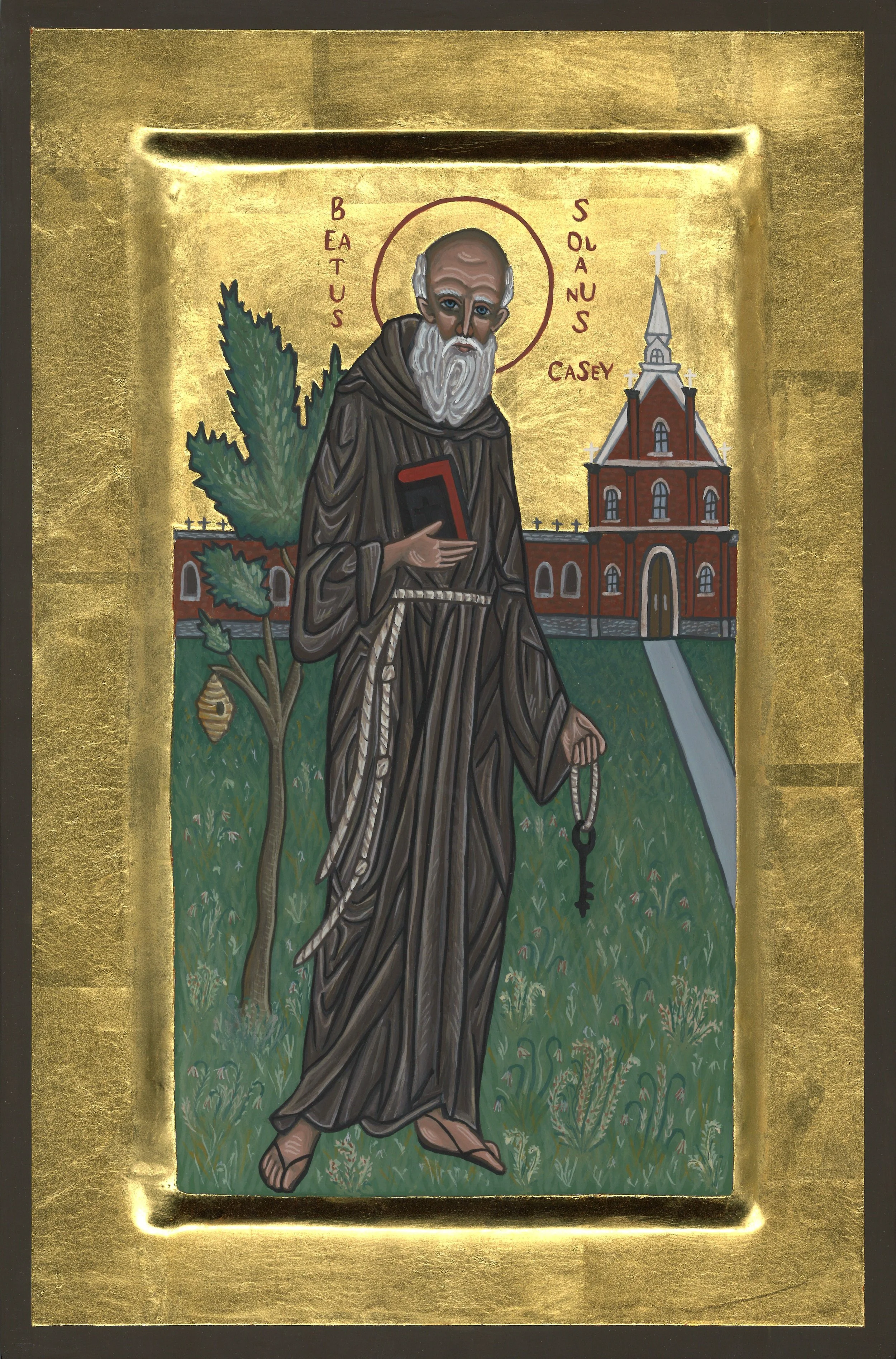 A religious icon painting of Blessed Solanus Casey with a halo, holding a book and a key, standing in front of a church and a tree with a beehive. The icon is framed with a gold border.