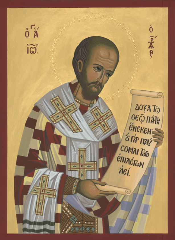 Christian icon of a St. John Chrysostom, holding a scroll with Greek text, wearing robes decorated with crosses, set against a gold background.
