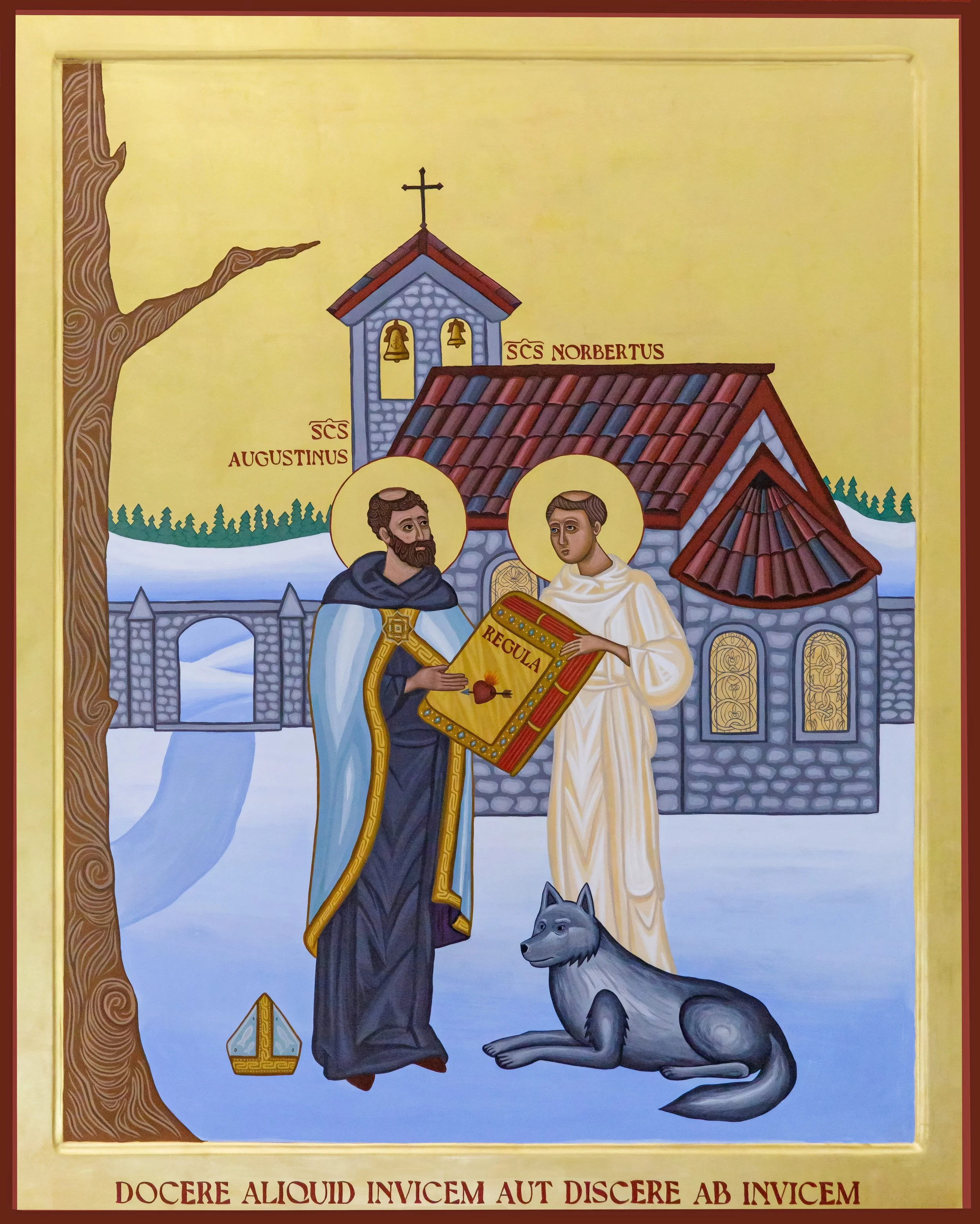 Religious icon depicting Saint Augustine and Saint Norbertus standing outside a church with a snow-covered landscape. Saint Augustine holds a book labeled 'Regula,' and a wolf lies at their feet. Latin inscriptions label the saints and the scene.
