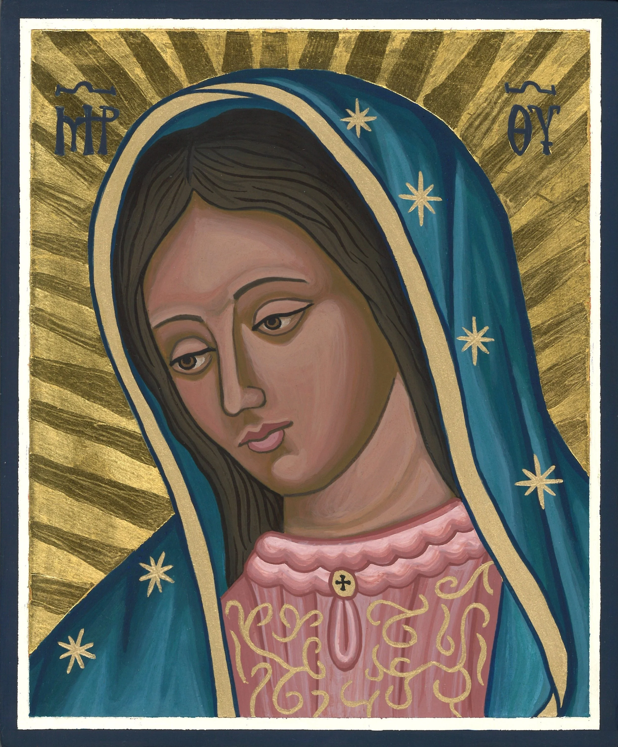 Religious icon of the Virgin Mary (Our Lady of Guadalupe) with a blue cloak and pink dress, gold background with radiant rays, stars on the cloak, and inscriptions in an ornate script.