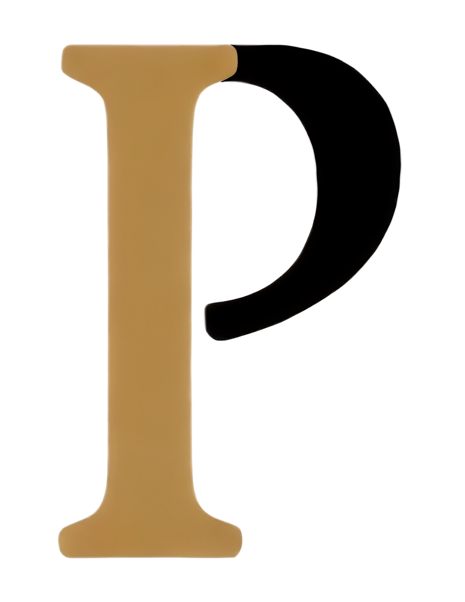 Close-up of the letter 'I' in gold and the letter 'P' in black, part of a logo or text design.