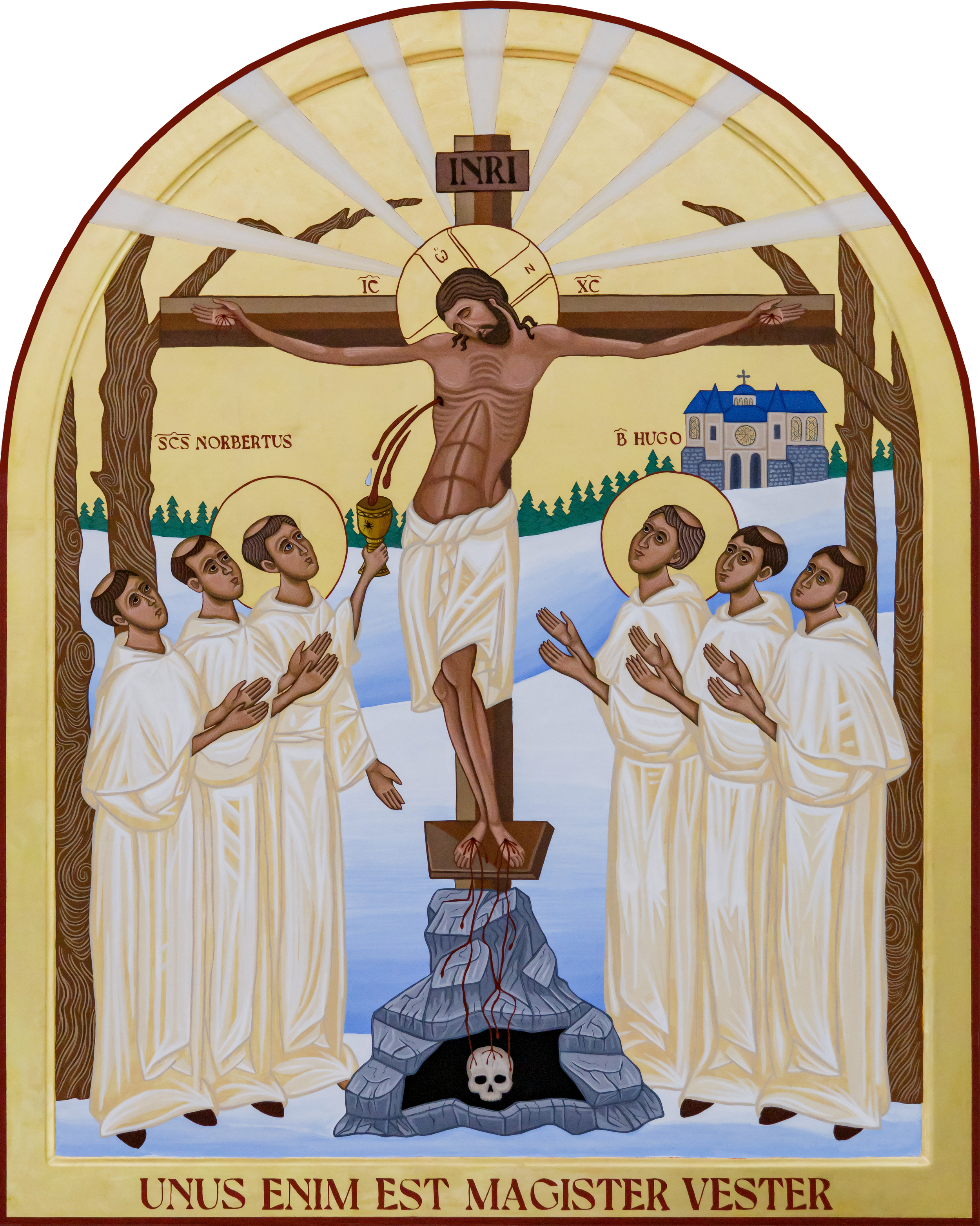 Religious icon depicting Jesus Christ on the cross with a skull at the base, surrounded by six apostles, in front of a landscape with a church. Latin text on the image includes 'INRI' above JesusLatin phrase at the bottom reads 'UNUS ENIM EST MAGISTER VESTER'.