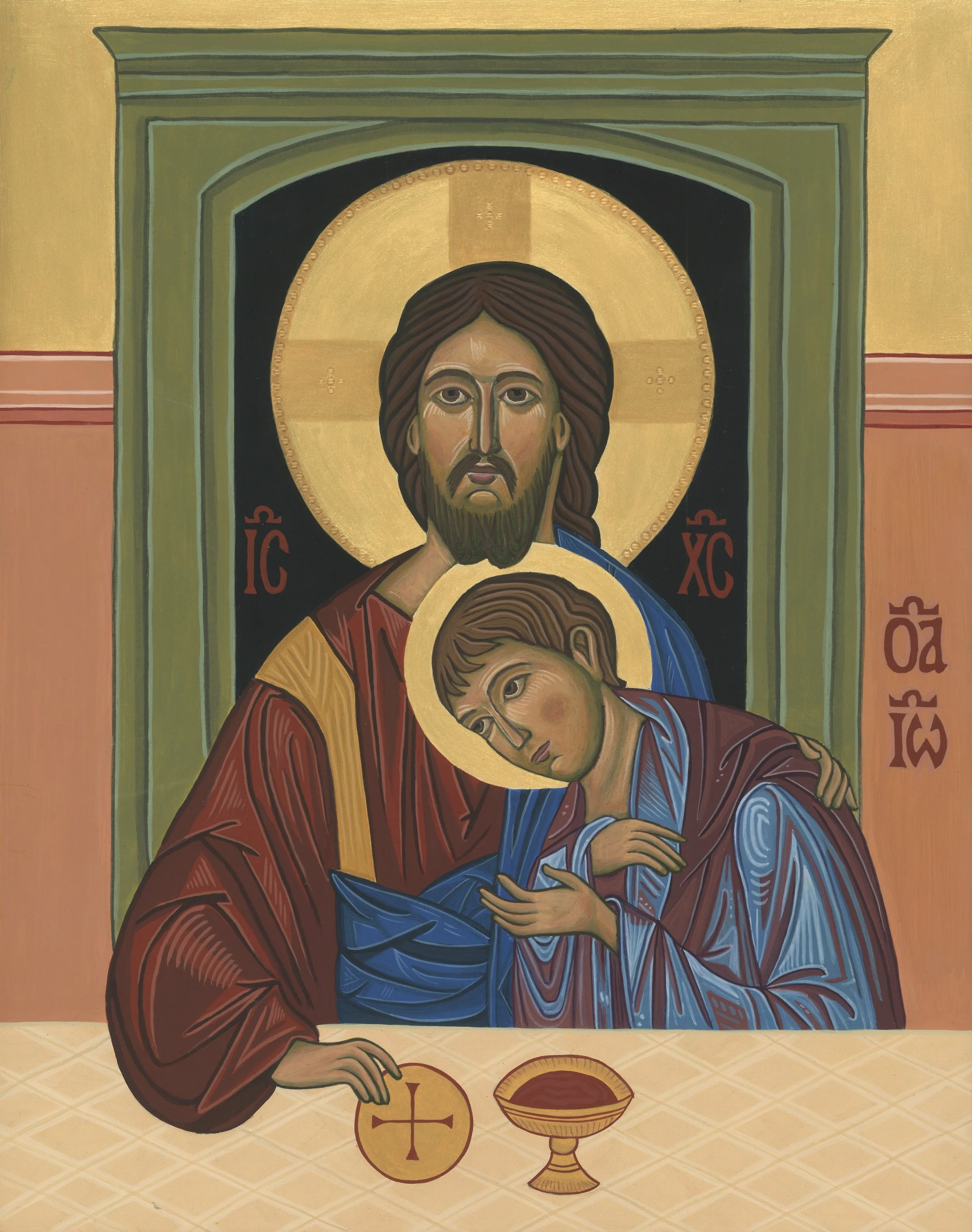 An Orthodox Christian icon depicting Jesus Christ and St. John the Beloved, with Christ's hand on John's shoulder, set against a green and beige background.