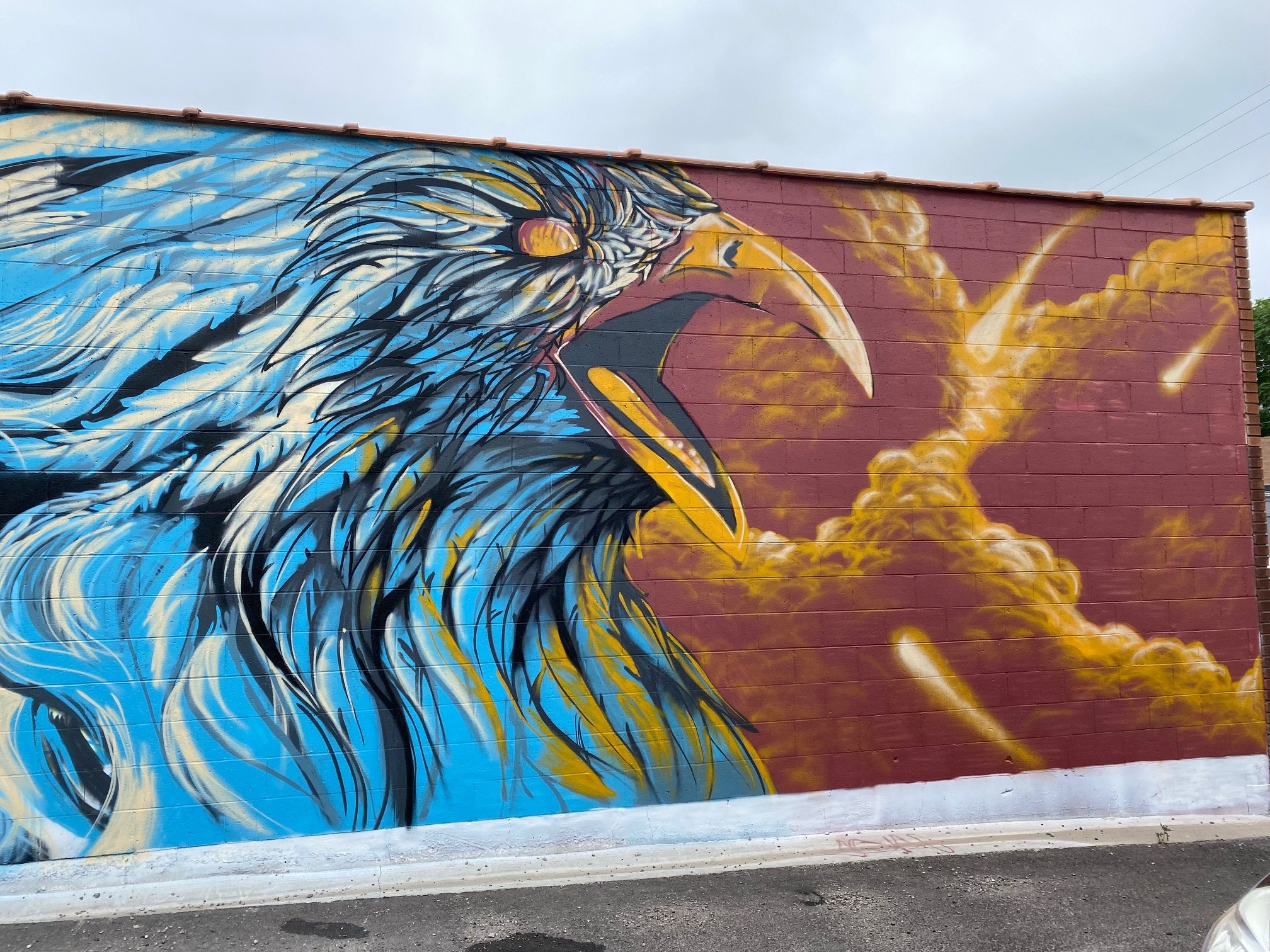 Graffiti mural of an eagle's head on a brick wall. The eagle has blue, white, black, and yellow feathers, and a prominent yellow beak. The background features yellow clouds or smoke against a maroon wall.