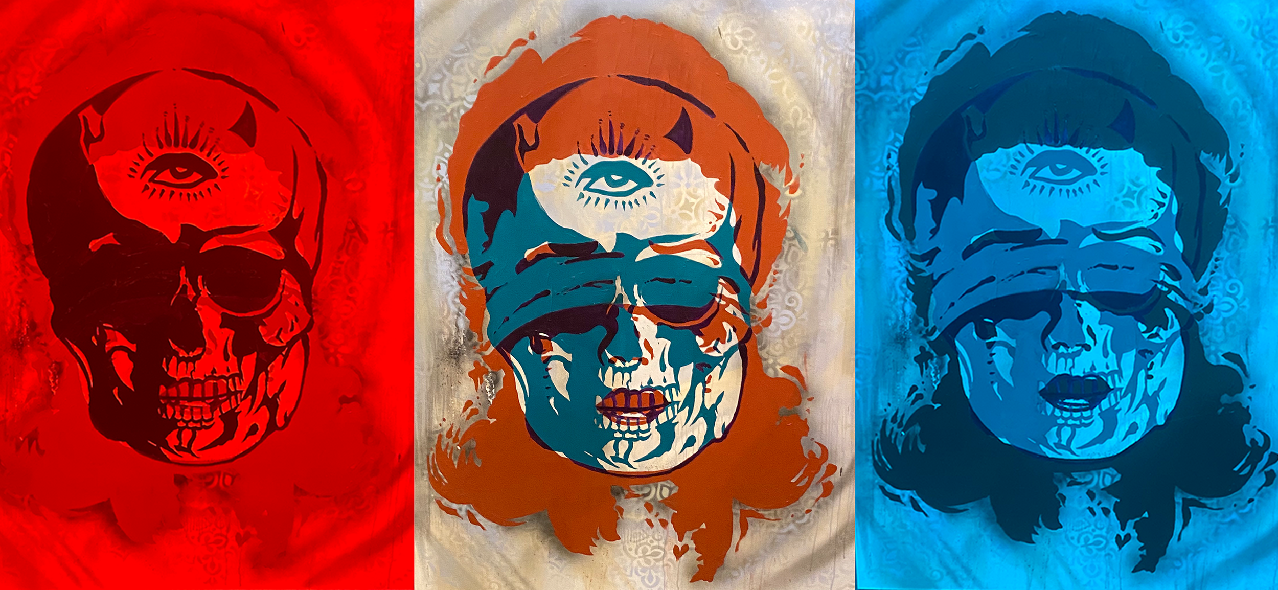 Triptych of graffiti art featuring animal skulls with human eyes; left panel in red, middle panel in beige, and right panel in blue.