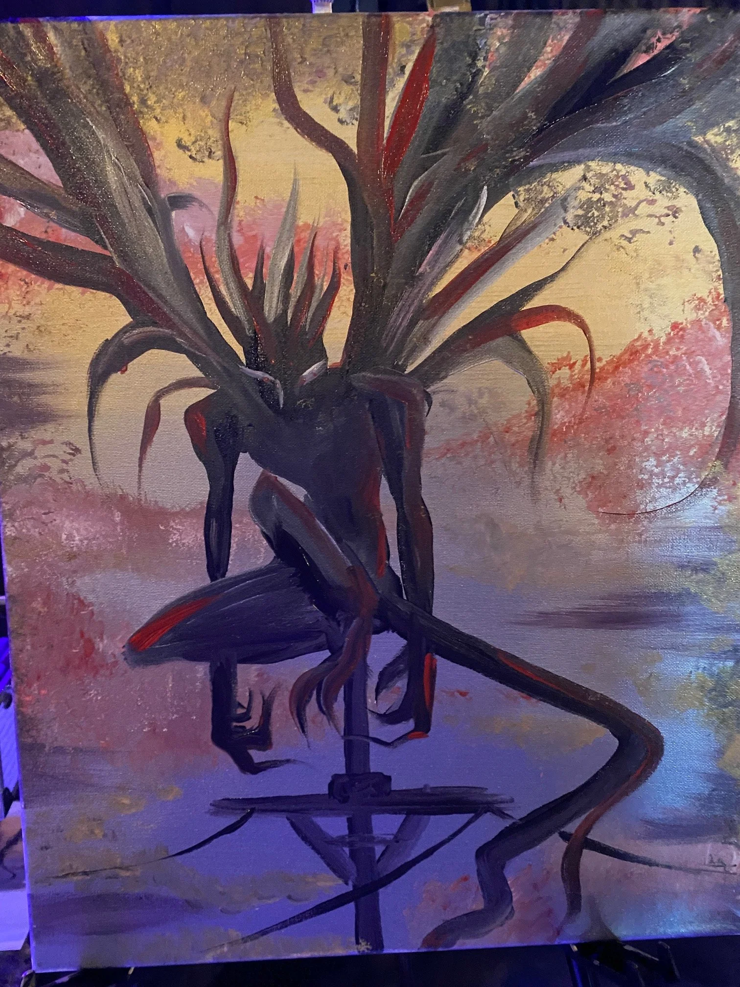 A painting of a dark figure with elongated, twisted limbs and a crown, set against a background of warm sunset hues with clouds and distant trees, all executed in an expressive, abstract style.
