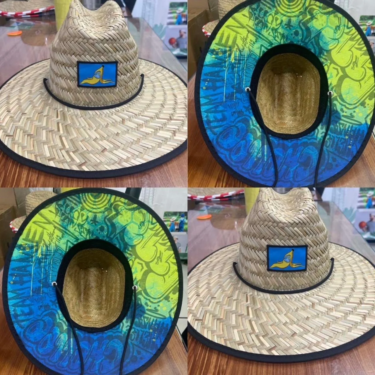 A collage of four images showing a straw sombrero with a blue patch featuring a yellow banana and a black chin cord, displayed on a wooden table.