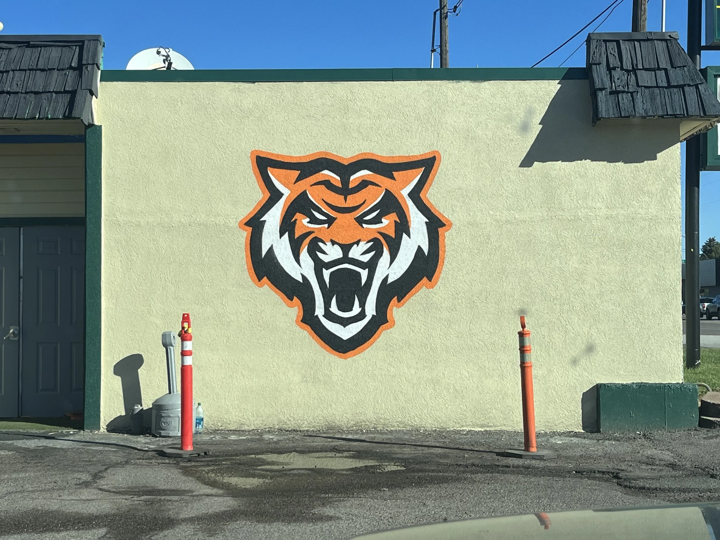 A painted mural of a tiger's head on a light green building wall with dark accents. The wall has a green trim at the top. In front of the wall, there are orange traffic cones, some tools, and a trash can. A door with a dark frame is visible on the le