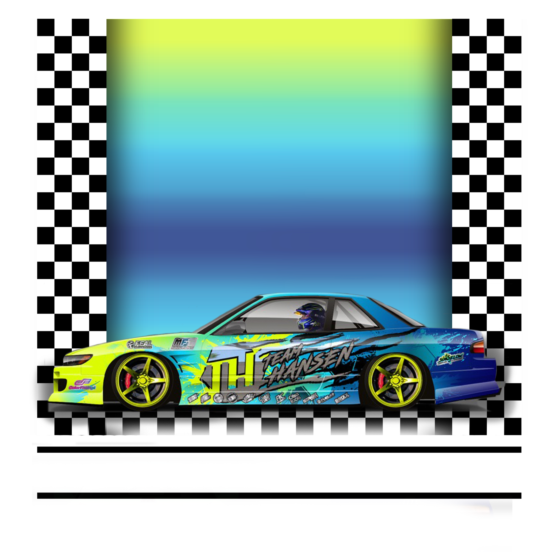 A digitally rendered race car painted in yellow and blue with various sponsor logos and the text "Team Hansen." The background features a checkered pattern of black and white squares.