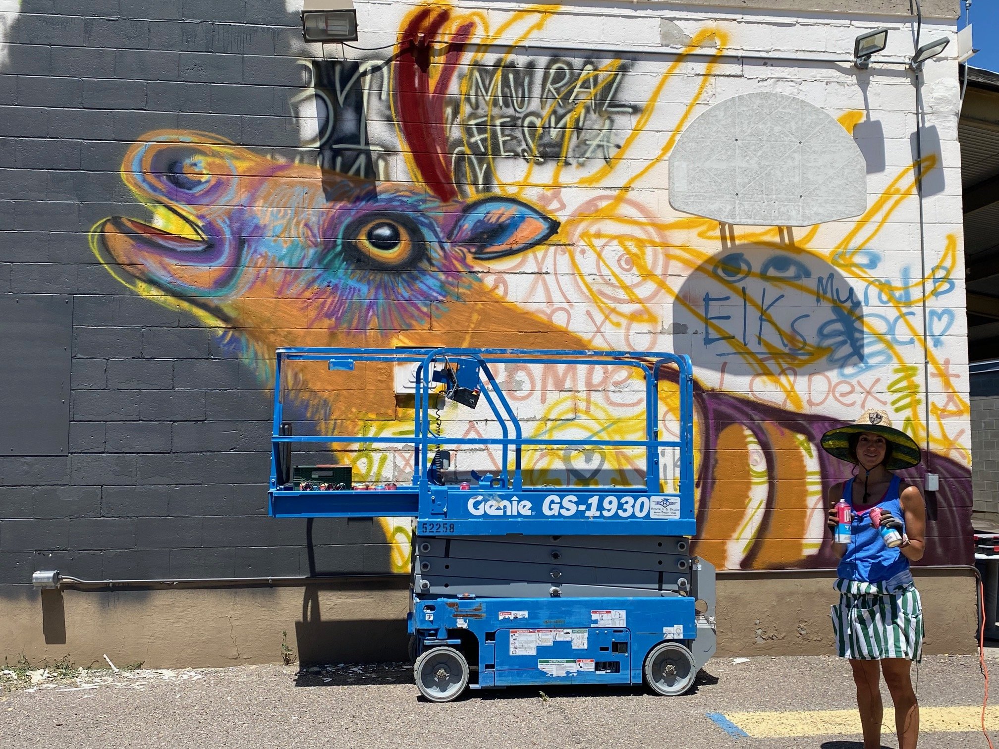 A person wearing a hat and striped dress standing next to a lift basket in front of a colorful graffiti mural on a brick wall. The mural features a vibrant, stylized animal face with large eyes and bold colors, along with abstract shapes and text.