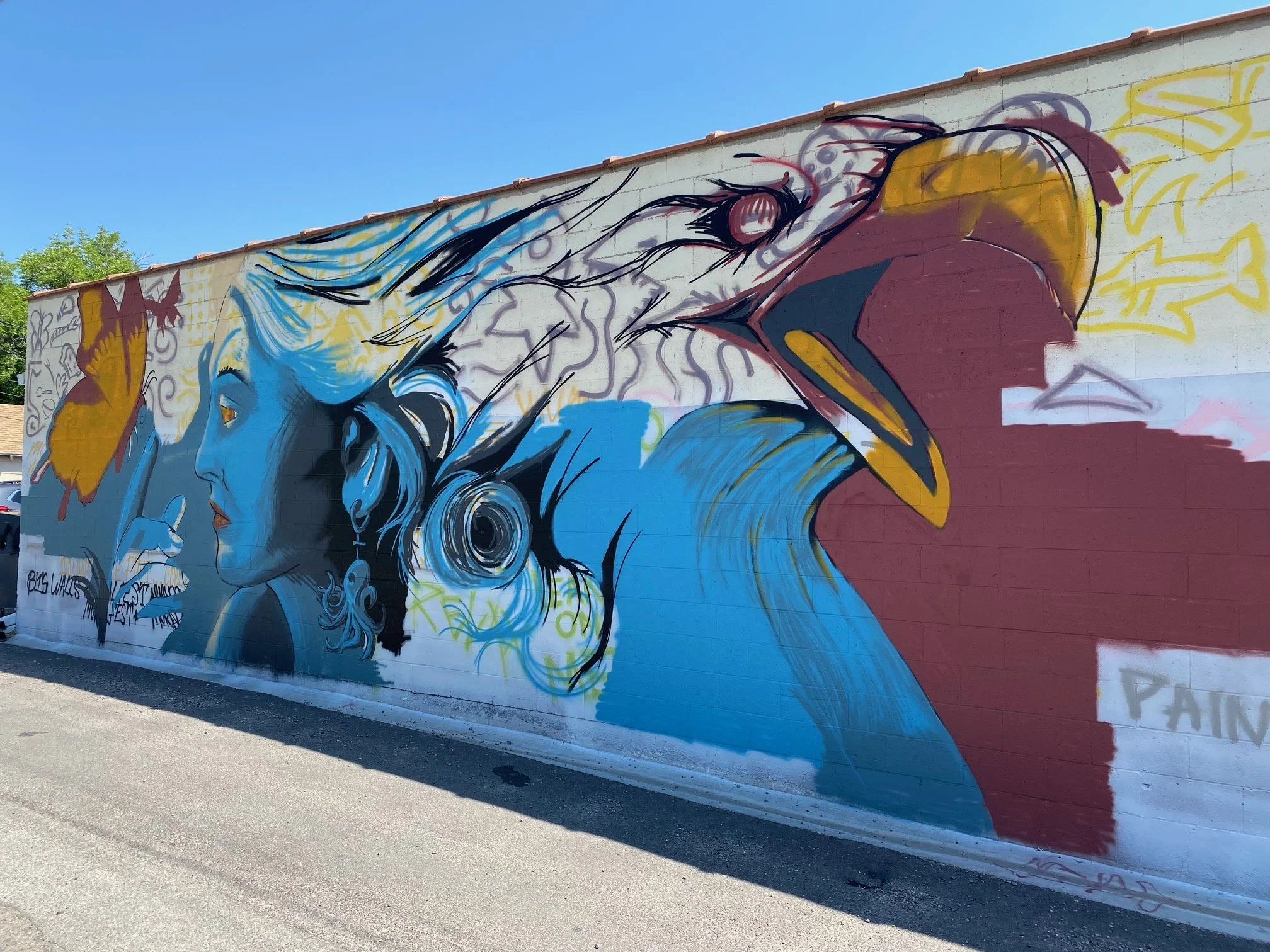 Colorful graffiti mural of a woman's profile with flowing hair, painted on a large exterior wall under a clear blue sky.