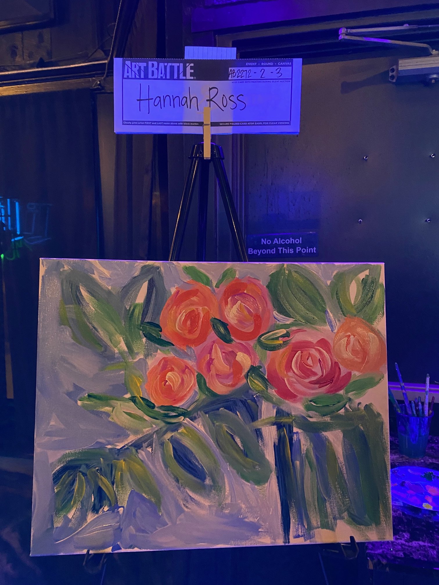Painting of a bouquet with orange roses and green leaves, in an abstract style.