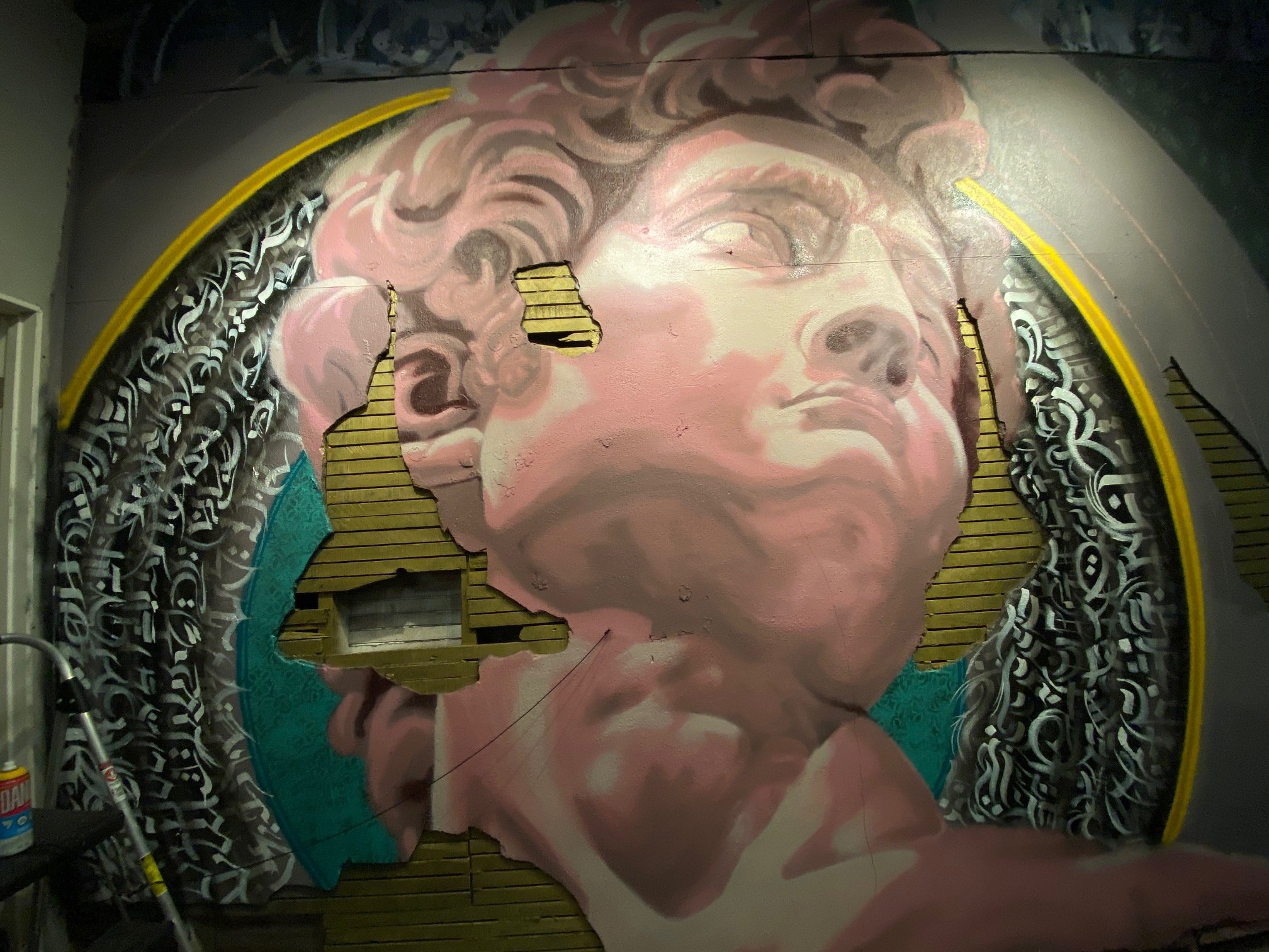 A large mural of a woman with curly hair, painted on a circular surface with some parts of the mural unfinished or damaged.